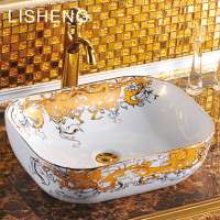 High-end exquisite decals square decorate art bathroom ceramic sink face washing bowl counter basin